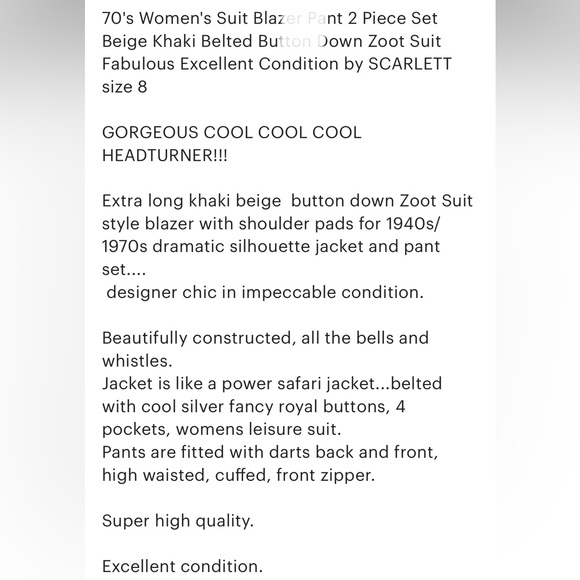 Vintage 70’s Women’s Suit Blazer Pant 2 piece set beige khaki Scarlett size 8 - Picture 2 of 11